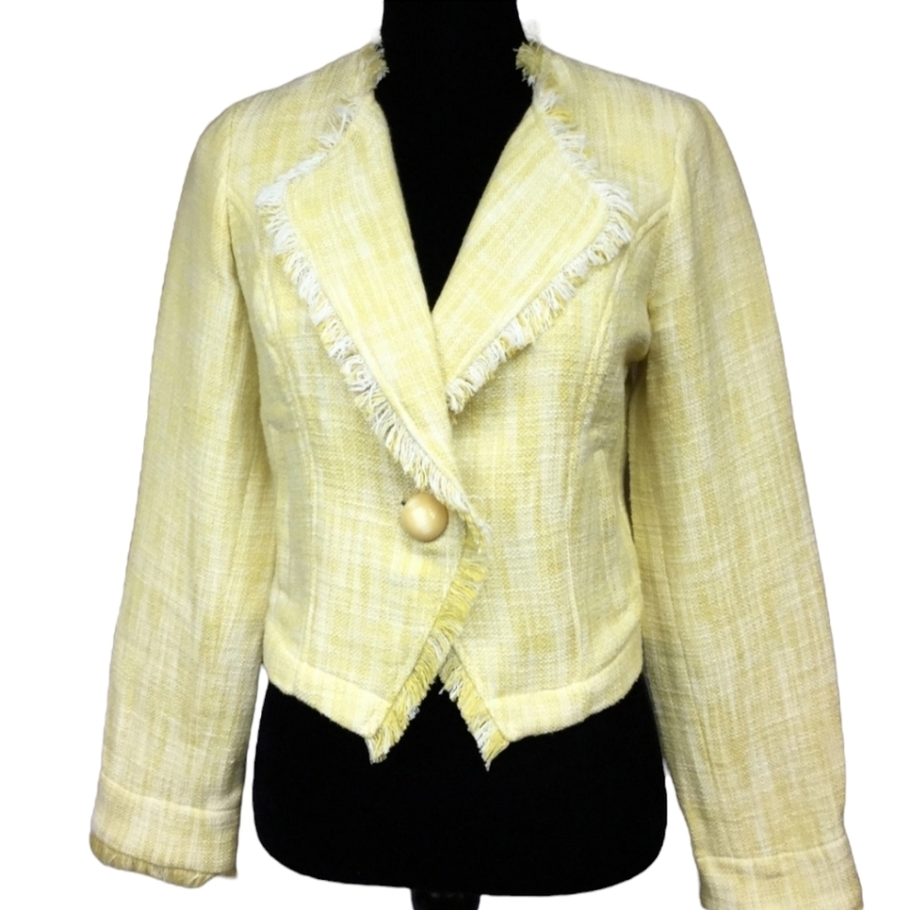 CAbi Yellow Waist Length Tailored Tweed Jacket Blazer | Size: Small
